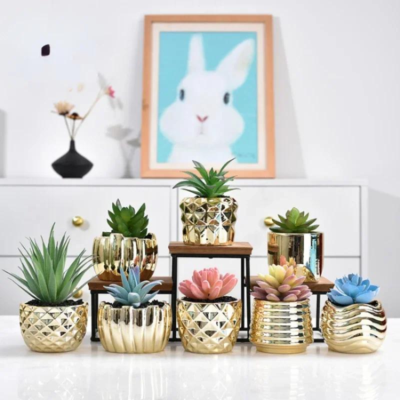 Electroplated Golden Ceramic Succulent Flower Pot Home Decor Horticultural Potted Creative Tabletop Plant Pots Floral Utensils