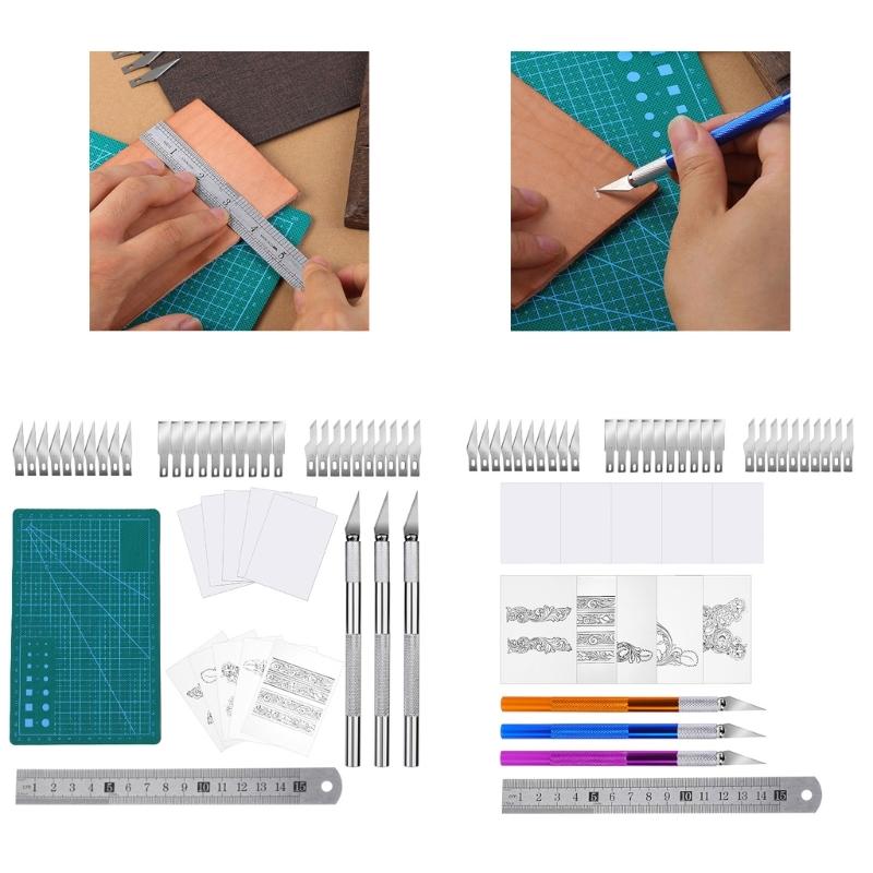 3 Leather Carving Tool 30 Replaceable Head 10 Carving Tracing Pattern Paper, Rotating Cutting Mat, Leather Working Tool