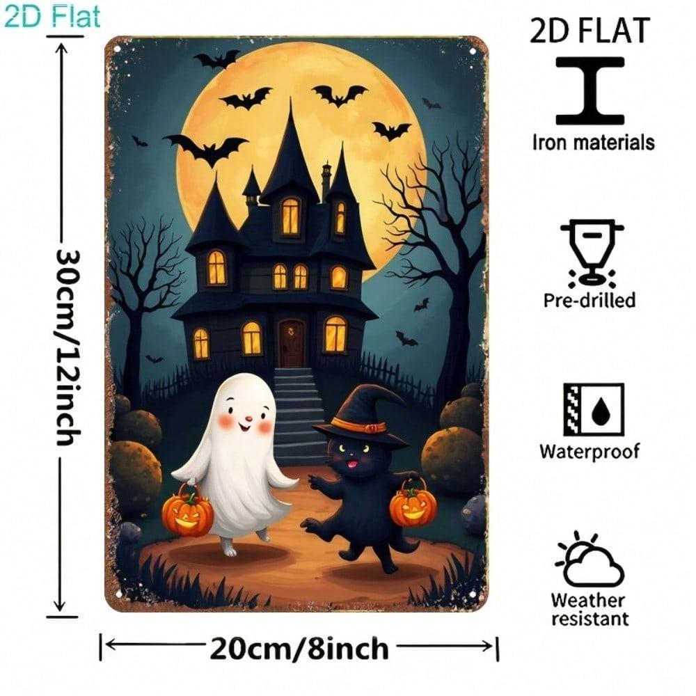 Vintage Halloween Metal Sign – Cute Ghost, Black Cat & Pumpkin, 2D Wall Art for Home, Bar, Cafe, Party Decor