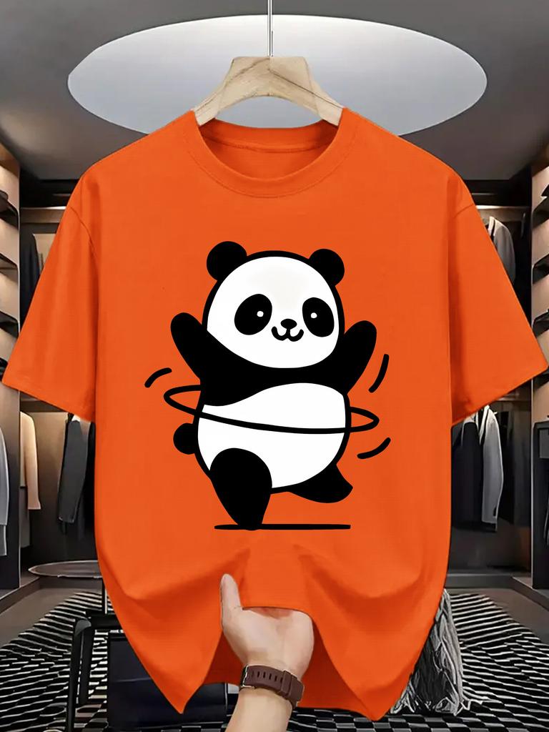 Cartoon Animal Unisex Short Sleeve Tshirt Happy Panda Spinning Hula Hoop Print O Neck Tee Lovely Pet Style Male Casual Fashion Tops