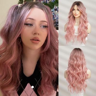 ALAN Synthetic Long Wavy Wigs with Bangs for Women Cosplay Natural Ombre Black To Pink Hair Wig High Temperature Fiber