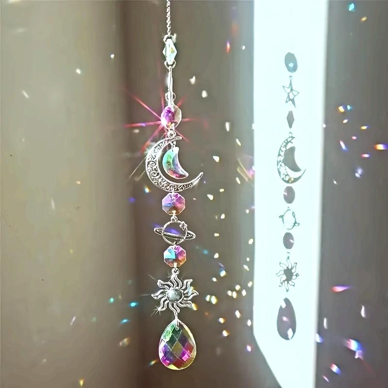 Crystal Moon & Sun Wind Chime with Diamond Prism Vibrant Rainbow Dream Catcher for Home and Garden Decor