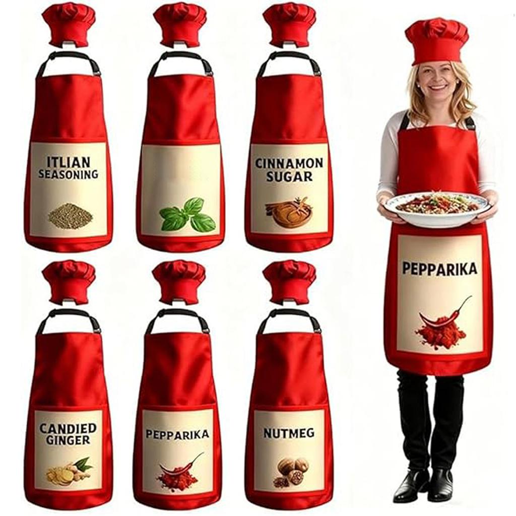 6-Piece Apron And Hat Set, Fun Group Festival Red Apron Condiment For Adult Women Team, Party Event Role Play Matching Set
