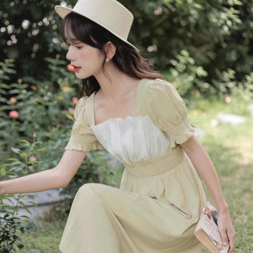 Summer new French temperament medium and long square collar design sense niche elastic waist thin dress women