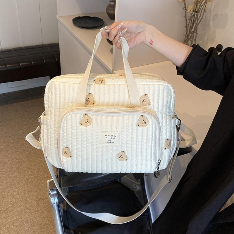 Fashionable Storage Pouch Case Large Bear/Flower Embroidery Mother Bag Portable Handbag with Multi Function Pockets