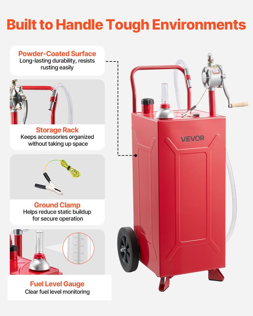 VEVOR 113.6L Fuel Gas Caddy, Carbon Steel, Portable Fuel Transfer Storage Tank with Manual Pump & 2 Rolling Wheels, Gasoline Diesel Can Container
