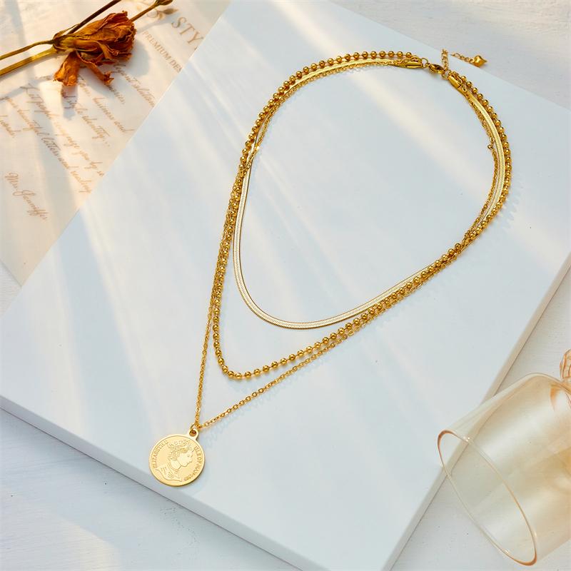 DIEYURO 316L Stainless Steel Round Portrait Coin Pendant Necklace For Women New Vintage Girls 3in1 Chains Jewelry Birthday Gifts