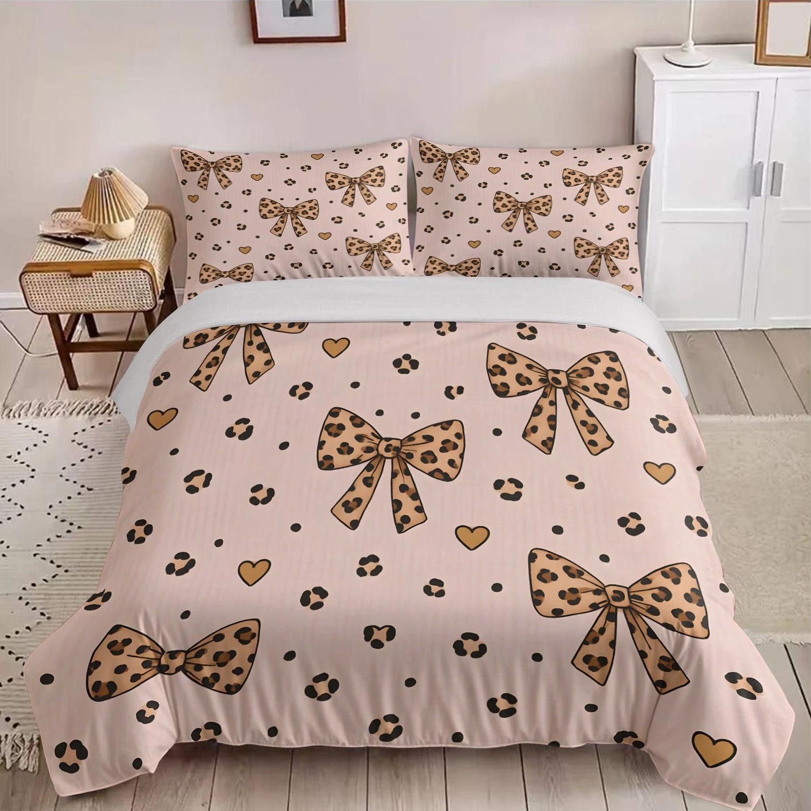 

Leopard Print Bow Bedding Set Full Size Trendy Sweet Pattern Duvet Cover Pillowcase 2/3pc Queen Double King Bedroom Home Decoration Gift Baby 100x135cm