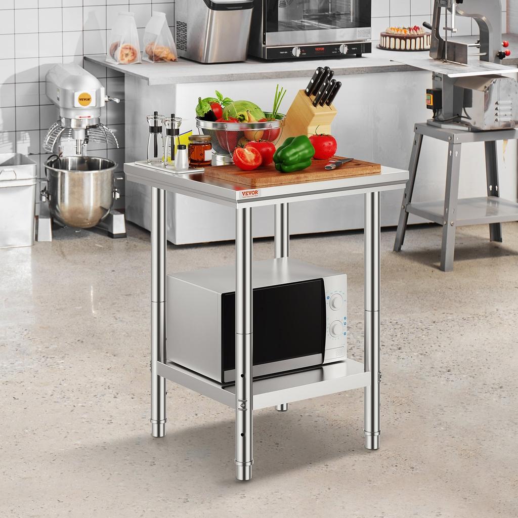 Work Table 24 x 24 x 32 Inches NSF Stainless Steel Work Table for Commercial Kitchen Prep Workbench 60X60X80cm with Lower Shelf Work Table Silvery for