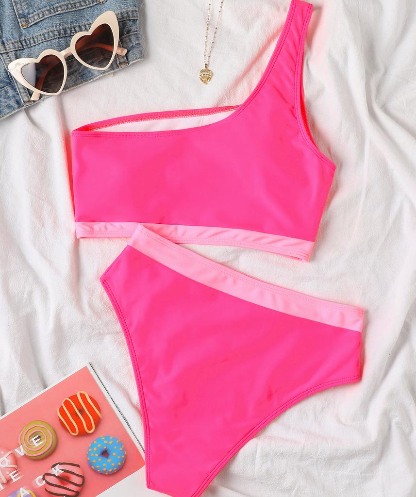 Women's Swimsuit Colorblock One Shoulder High Waist Sexy Bikini Set Brazilian Beachwear Bathing Suits