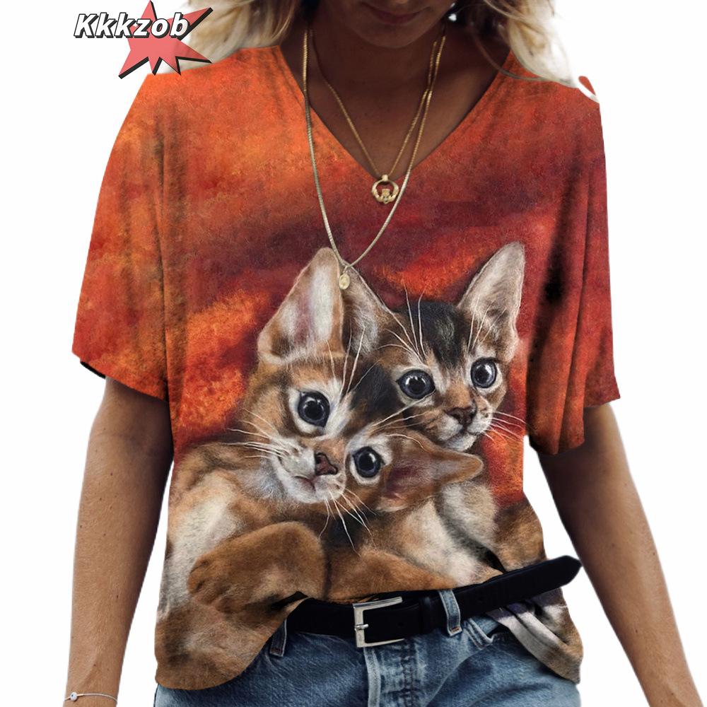 

Женская футболка с короткими рукавами и V-образным вырезом с принтом в виде животного кота в стиле Харадзюку XS