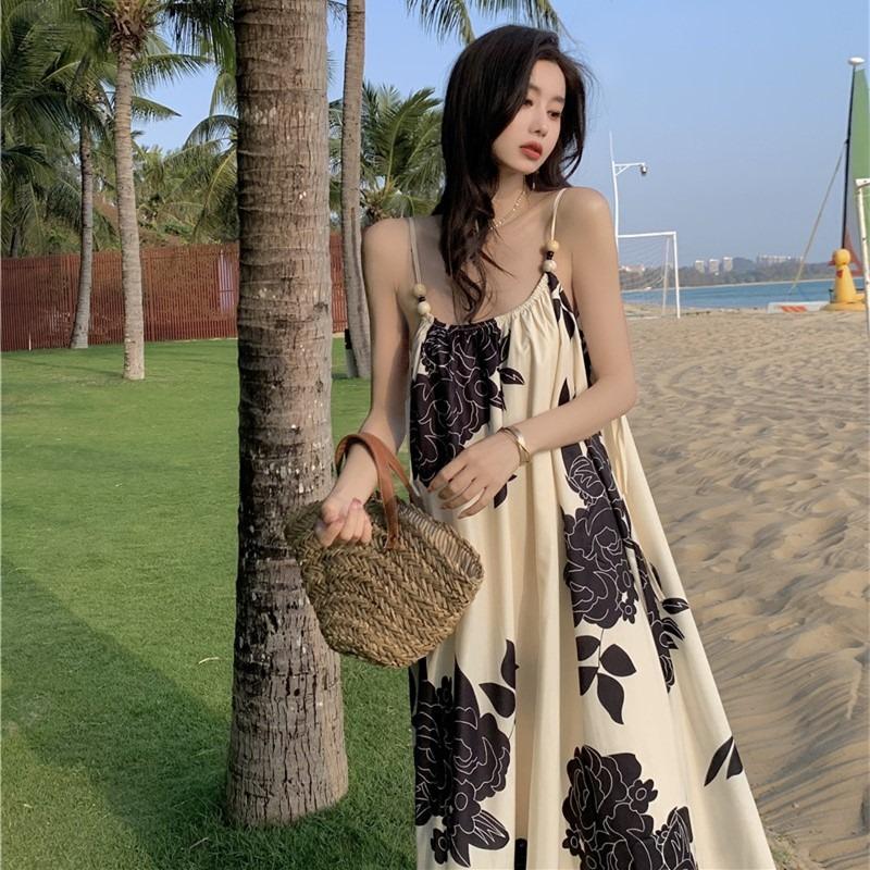 

Летнее новое сексуальное платье без рукавов со свободными бретелями для женщин, модное повседневное длинное платье с открытой спиной для пляжного отдыха, элегантные платья больших размеров с принтом 26369 L