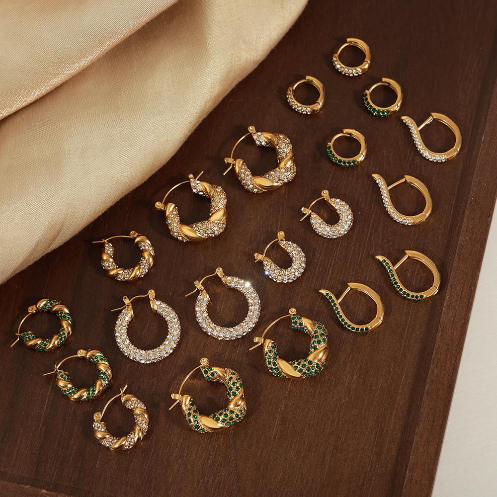 Light Luxury Retro Titanium Gold U-Shaped Rhinestone Geometric Earrings for Women