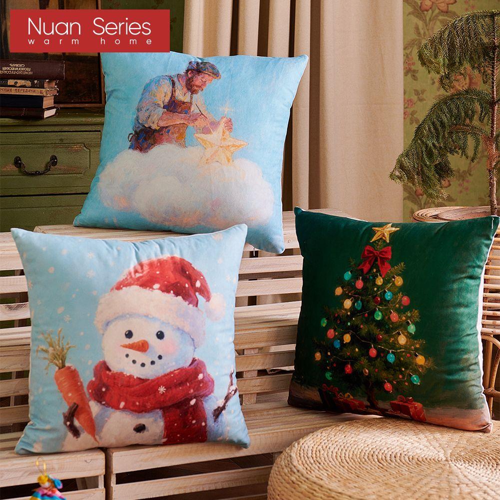 1PC Nuan Series Christmas Pillowcase Polyester Printed Comfortable Pillowcase Cushion Cover for Sofa Living Room Bedroom Home Decor Party Decor