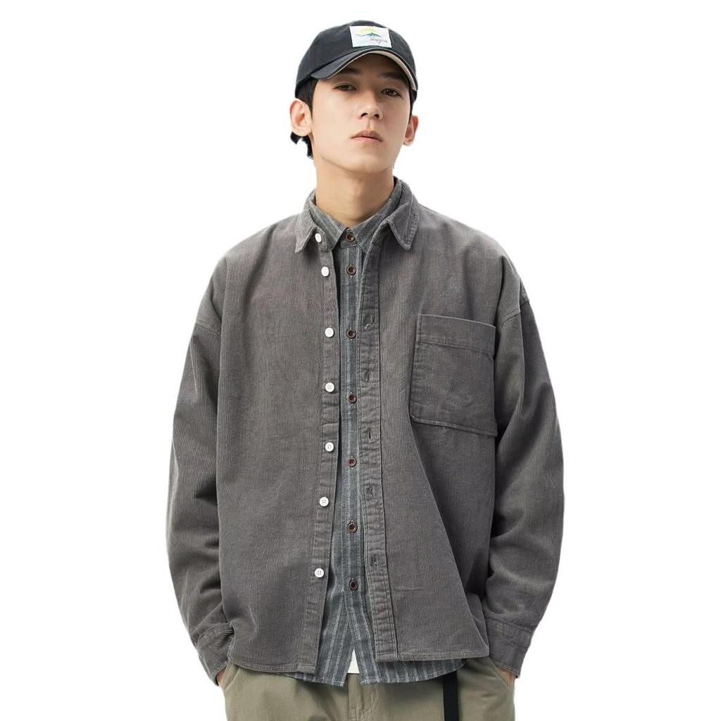 Herren Retro Cord Langarm Hemdjacke - Herbst Japanischer Trend, Lässige Lockere Streetwear mit Taschen
