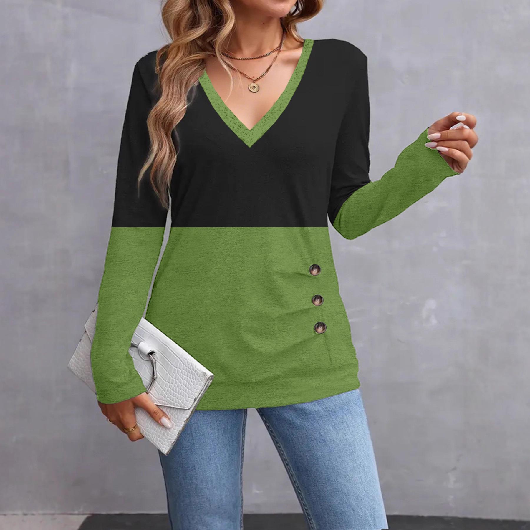

2024 Autumn-Winter Pure Color Button Detail Knit Plus Size Women s Comfortable Commute T-shirt M чёрный/зелёный