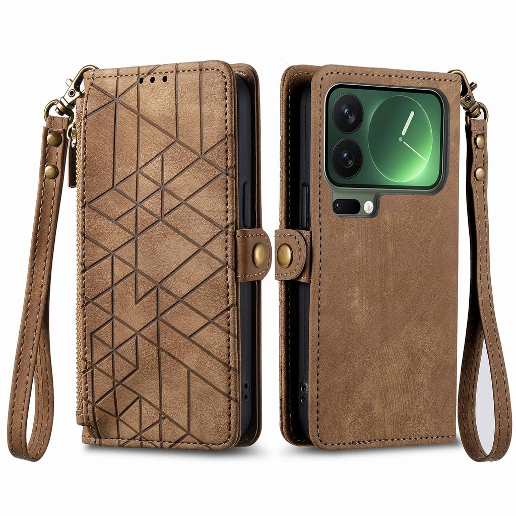 For Xiaomi 17 Pro Max Case Zipper Wallet Geometry Lines Leather Phone Cover with Strap