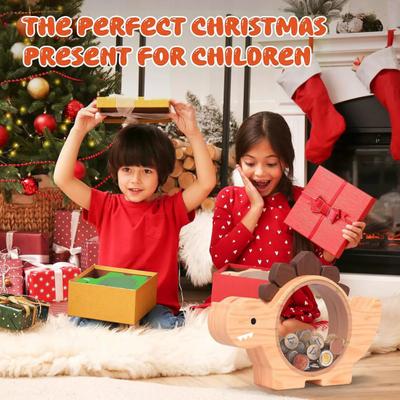 Wooden Piggy Bank for Boys Girls Dinosaur Shape Money Bank Transparent Window Coin Saving Box with Lock Kids Financial Education Toy