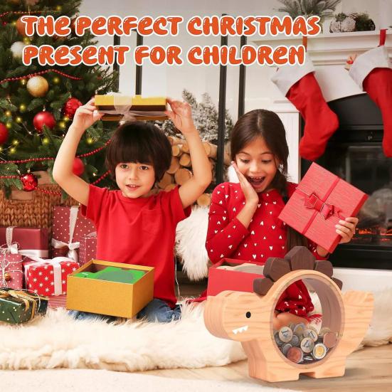 Yousheng Spardose aus Holz für Jungen und Mädchen in Dinosaurierform, transparentes Sichtfenster, Münzspardose mit Schloss, Spielzeug zur finanziellen Bildung für Kinder