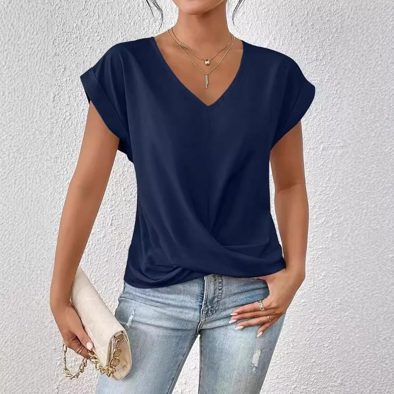 Women's New Summer Solid Color V-neck Short-sleeved T-shirt Casual Twist Hem Top