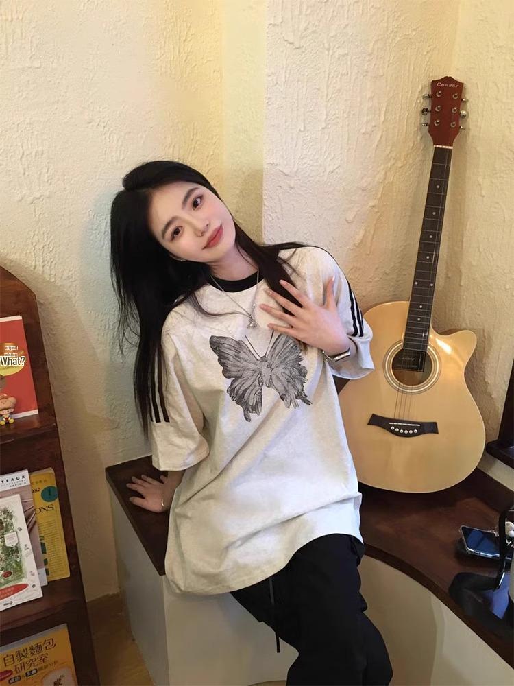 Gray Butterfly Print Women's Cotton Loose Half Sleeve Summer T-Shirt 2025