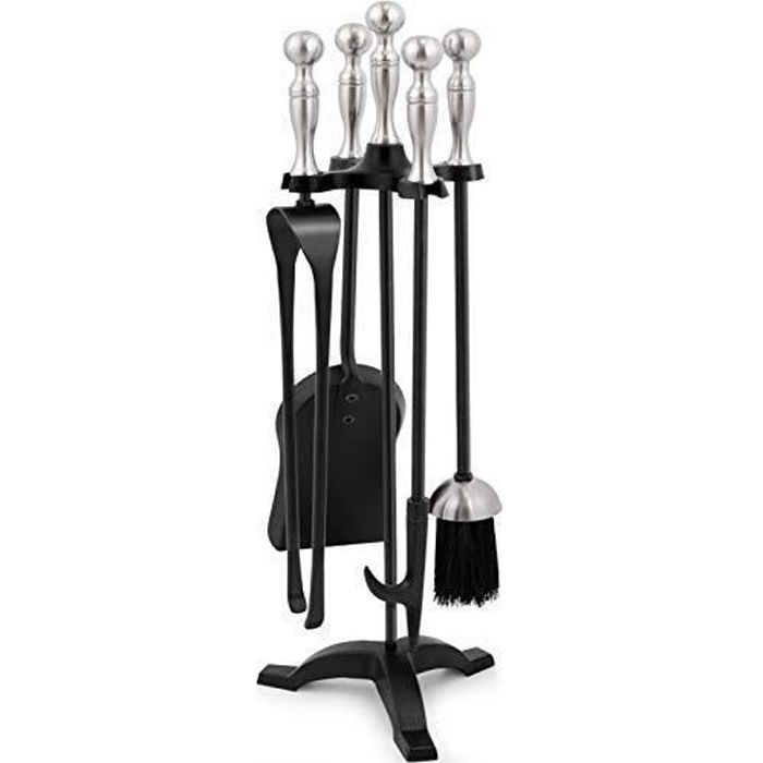 Outils de cheminée - Amagabeli - 5 pièces - Poignées en argent - Fer forgé - Noir