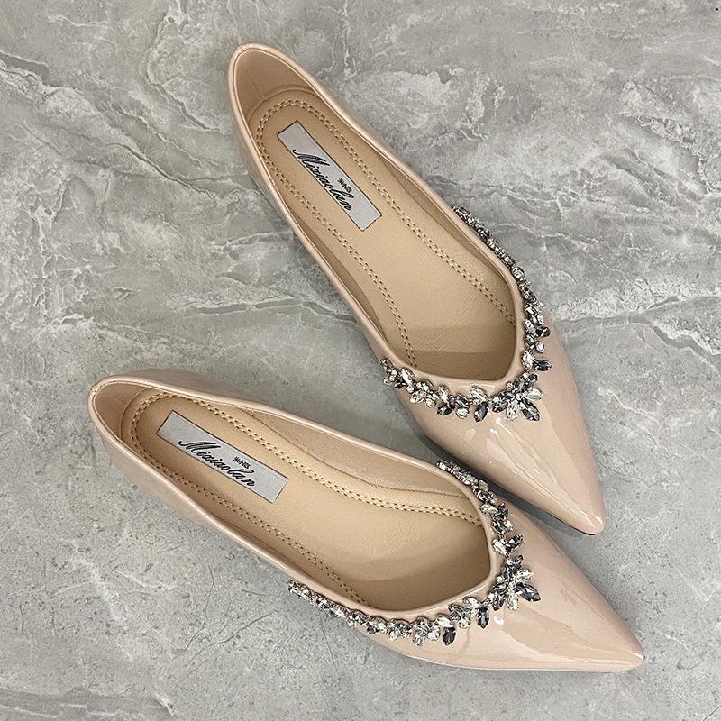 Temperament pointed patent leather rhinestone single shoes women's summer flat-soled shoes inner height increase gentle shallow soft-soled shoes