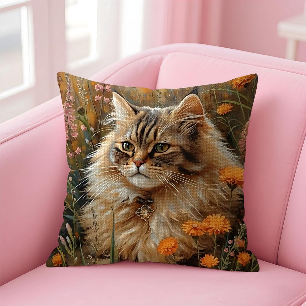 Cat And Flower Fashion Cushion Cover Natural Linen Pillow Case DoubleSided Print Decorative Sofa Pillowcase Home Decor Gift