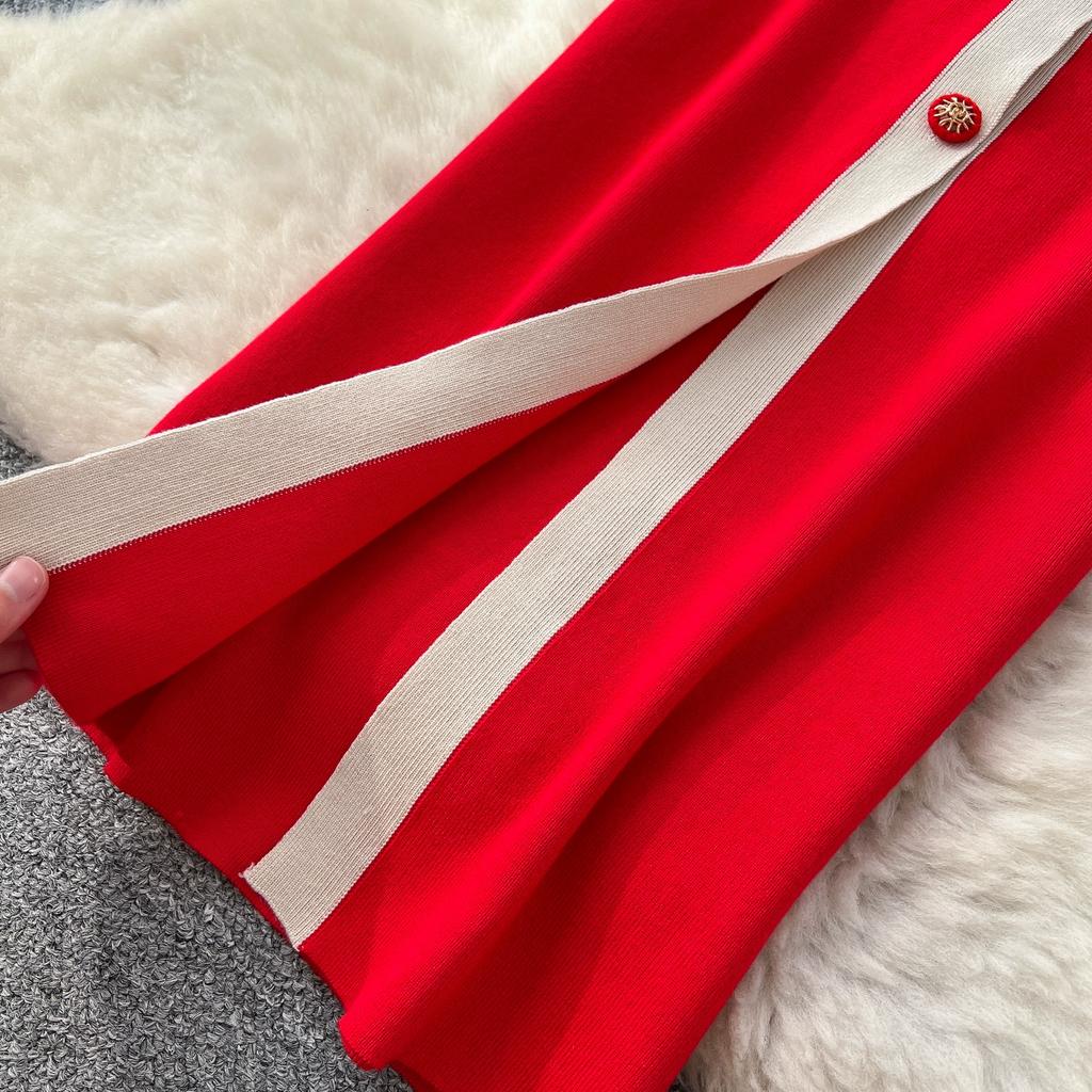 Autumn Winter Women Elegant Color Blocking Single Breasted Knitted Sweater Long Maxi Slim Bodycon Party Dresses