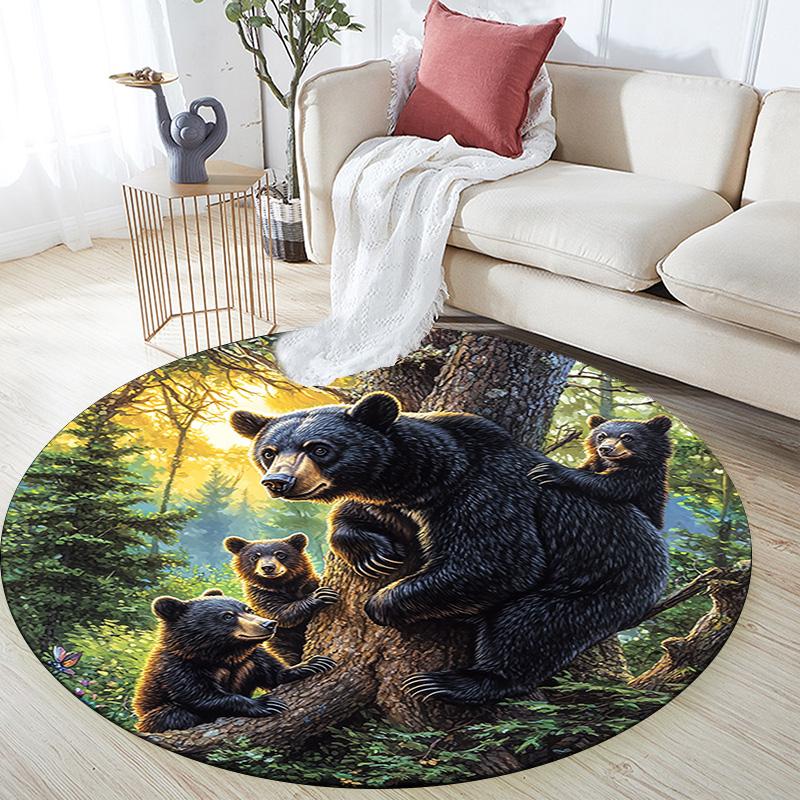 Black Bear Round Area Rug,Carpet Rug for Living Room Bedroom Sofa Playroom Decor,Non-slip Floor Mat