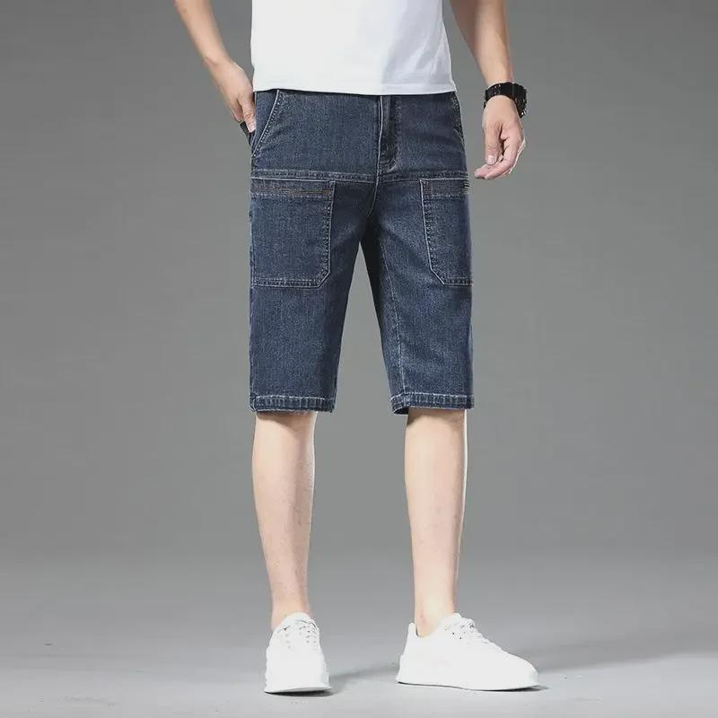 Four Seasons Men's Elastic Casual Trend Jeans with Six Pockets - Breathable, Loose Fit, Mid-Length for Autumn.