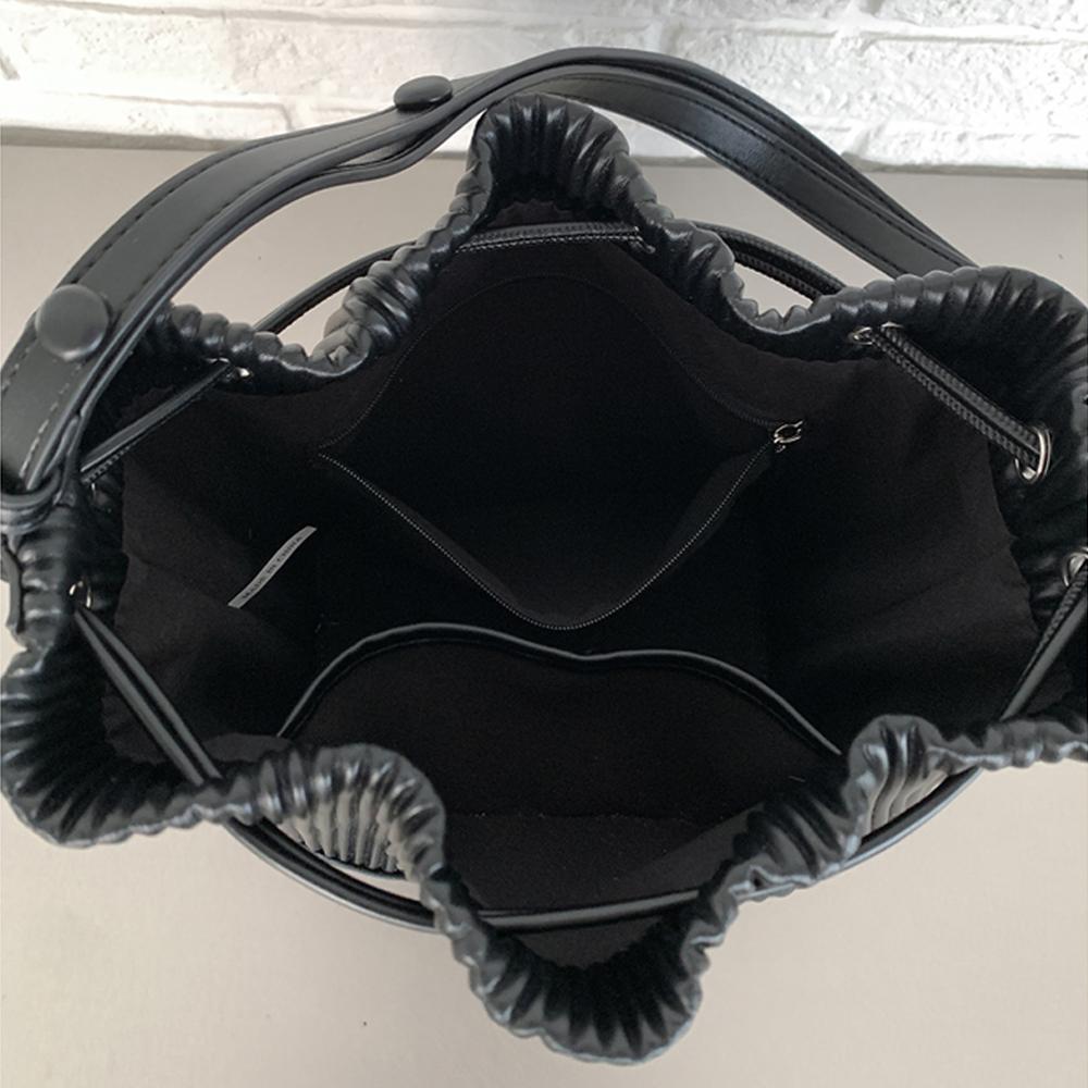 SHELKSBAG New 2026 Pleated Bucket Bags for Women High-End Style Drawstring Shoulder Bag Fashion Leather Patchwork Crossbody Bag