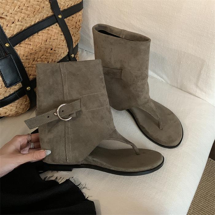 MUMIXI Blogger The Same Korean Belt Buckle Toe Inner Height Increase Cool Boots Summer Fashionable Open-toed Trousers Short Boots