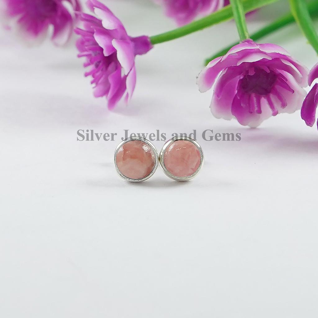 Rhodochrosite Sterling Silver Stud Earrings, Pink Gemstone, Tiny Earrings