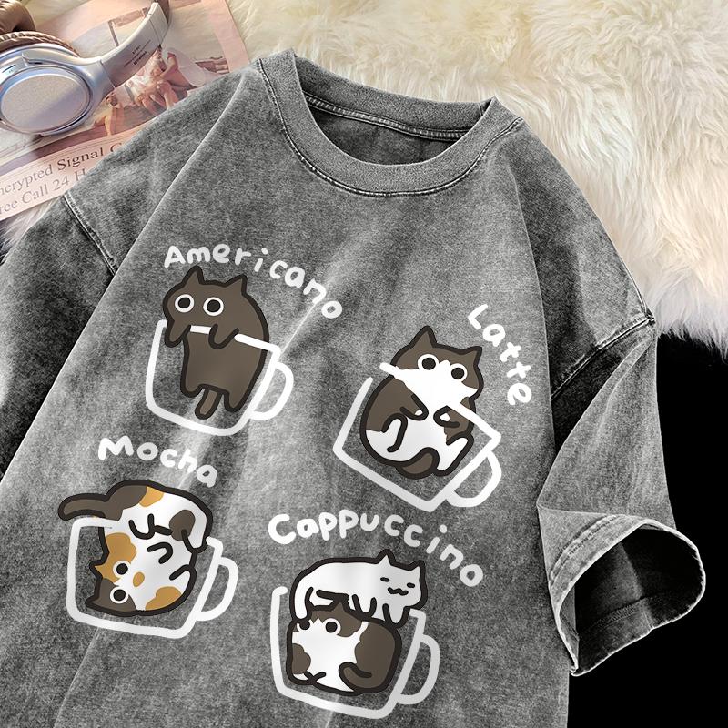 Cat Coffee Pure Cotton Trendy Summer Loose Short Sleeved T-shirt Men Women Mocha Latte Cat Vintage Water Washing Fun Cat Tees