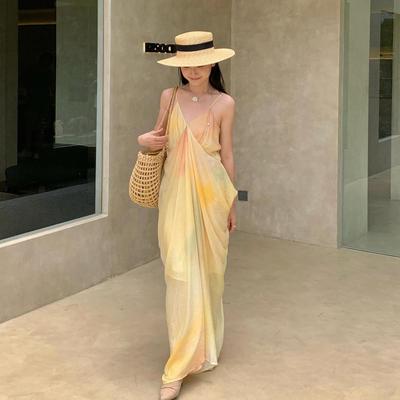 Women's Yellow Gradient V-Neck Draped Maxi Dress - Beach Vacation Style with Zipper Straps