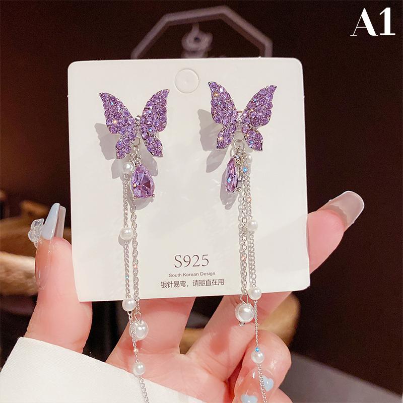 

Серьги-капли «Фиолетовая бабочка» для женщин с жемчужной цепочкой-кисточкой