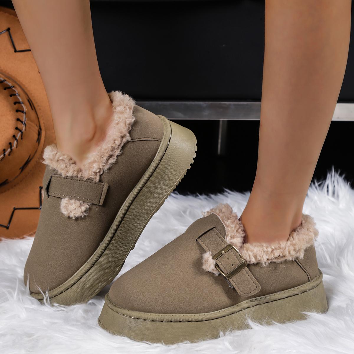 

Модные женские ботинки на платформе с пряжкой, зимние ботинки из мягкого короткого плюша, теплая обувь для женщин, зимние однотонные ботильоны из искусственной кожи, женская обувь 36