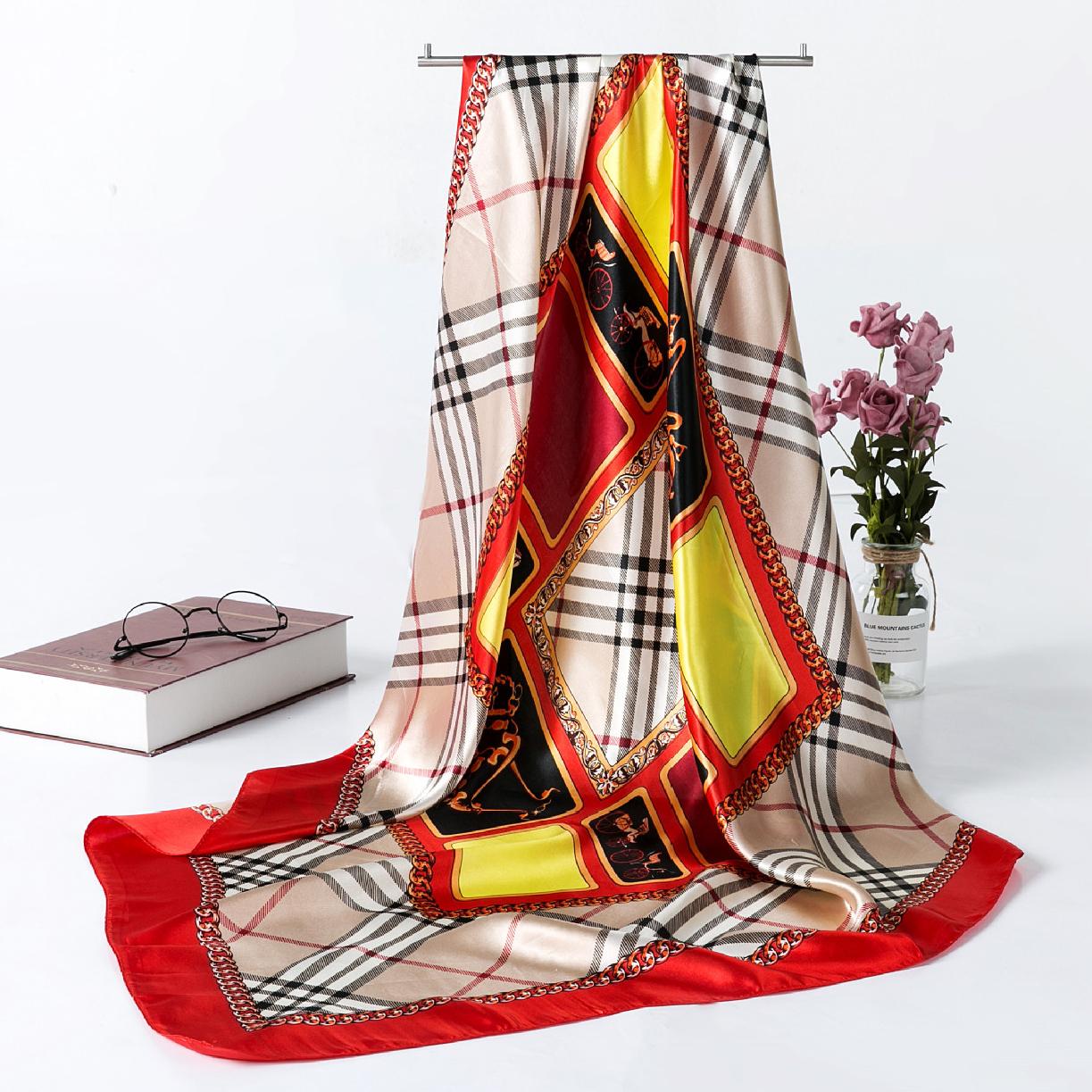 

Женский шелковый шарф из Европы и США, модный креативный квадратный шарф, клетчатый атласный шейный шарф длиной 90 см 90