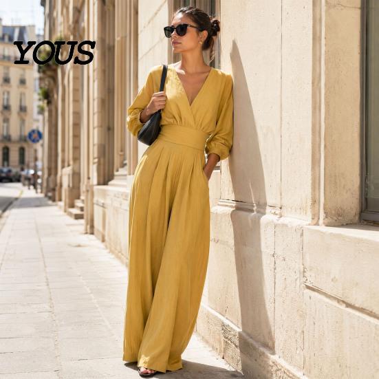 Everyday Wear Jumpsuit Women's Long Sleeve Jumpsuit, Deep V Neck Loose Wide Leg Plus Size Women Rompers, High Waist Summer Casual One Piece