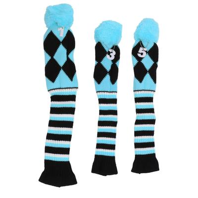 3PCS Knitted Golf Club Head Covers Fine Pattern Protective Golf Club Headcovers Set with Pom Pom for Travel Blue Black