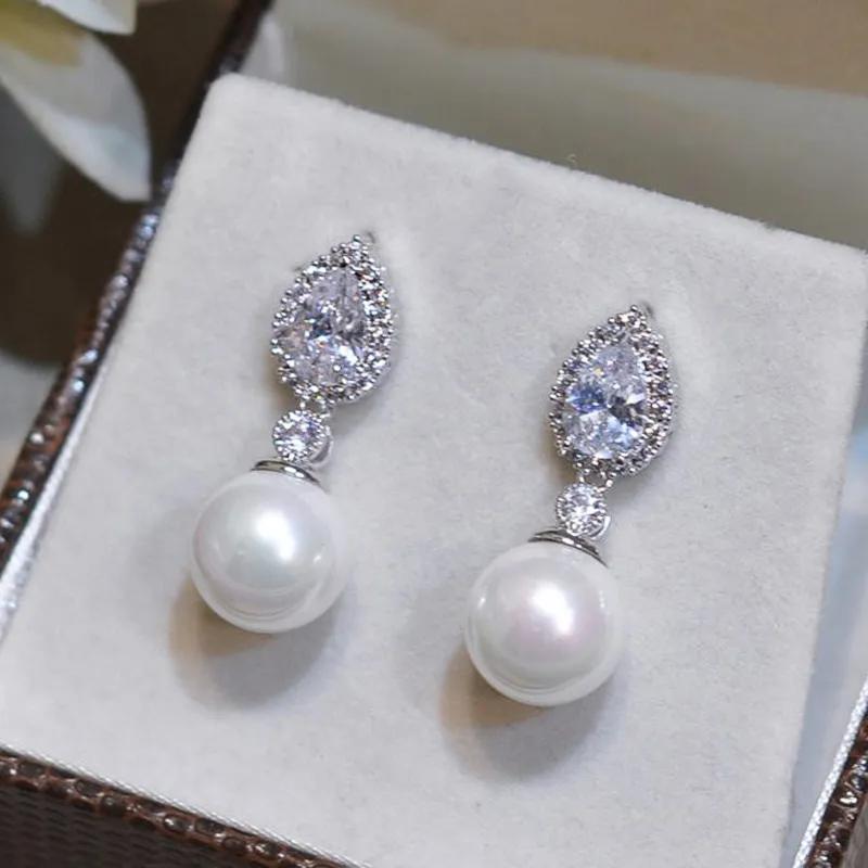 Huitan New Trend Imitation Pearl Dangle Earring for Women Luxury Silver Bling Cubic Zirconia Fashion Elegant Lady Jewelry
