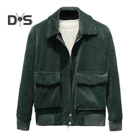 

Мужская вельветовая куртка с лацканами, длинными рукавами, карманами с клапанами, застежкой-молнией, однотонная куртка, повседневная верхняя одежда L зелёный