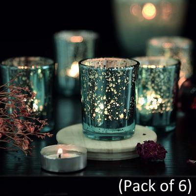 Glas Blaue Quecksilber Votiv Teelichthalter für Diwali und Weihnachten (Packung mit 6) - Heimdeko Geschenkartikel, Dekoration