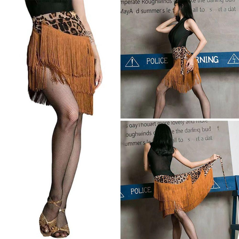 Tassel Latin Dance Skirt Leopard Print Rumba Dance Skirt Fashion Performance Costume  for Women