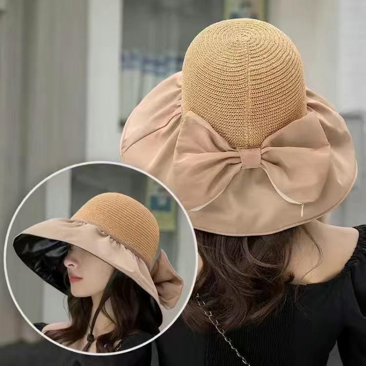 Bow Sun Protection Hat Women's Summer Sun Hat Large Overhang Hollow Fisherman Hat Outdoor Sun Hat