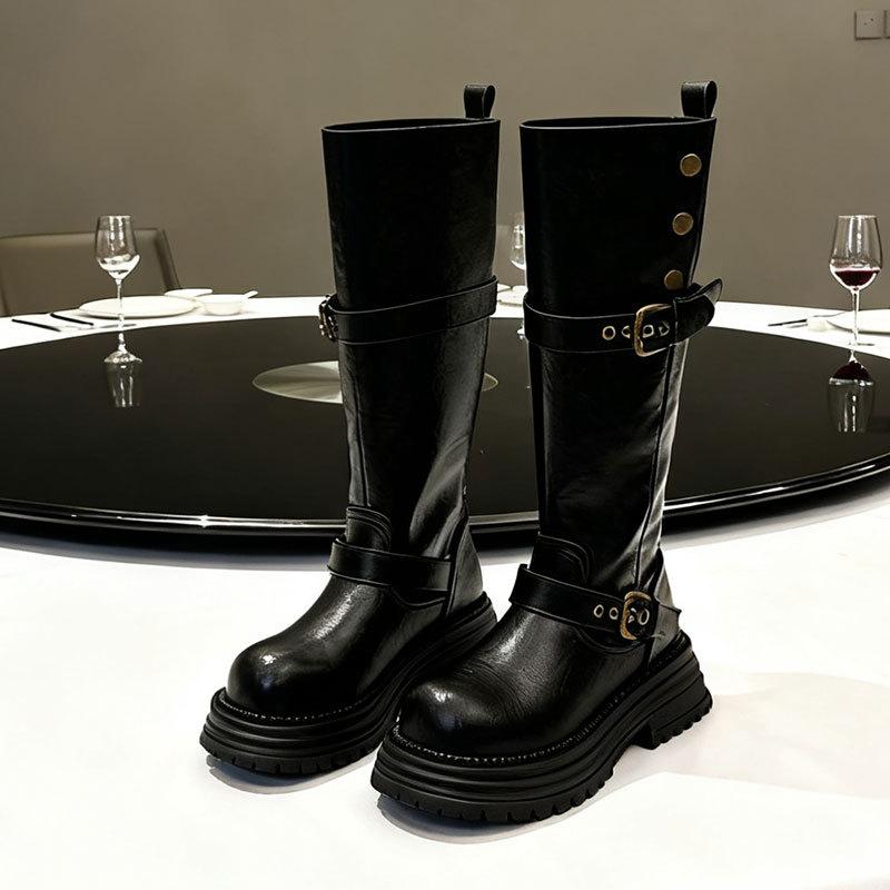 Black Retro British Style Thick Heel Platform Boots Women's 0000 Autumn and Winter New Boots Tall and Thin Knight Boots