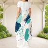 Women Plus Size Round Neck Short Sleeve Abstract Printed Loose White Long Dress With Side Pockets