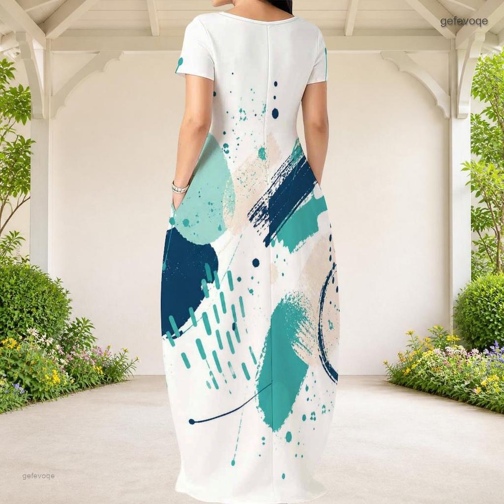 Women Plus Size Round Neck Short Sleeve Abstract Printed Loose White Long Dress With Side Pockets