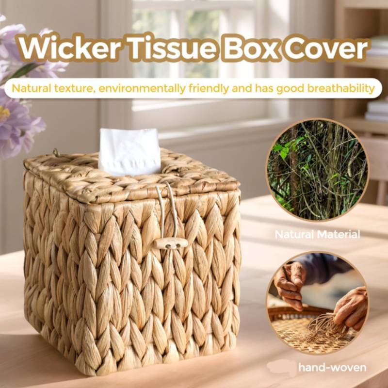 Rattan Tissue Box Holder With Lid For Living Room And Bathroom Decor